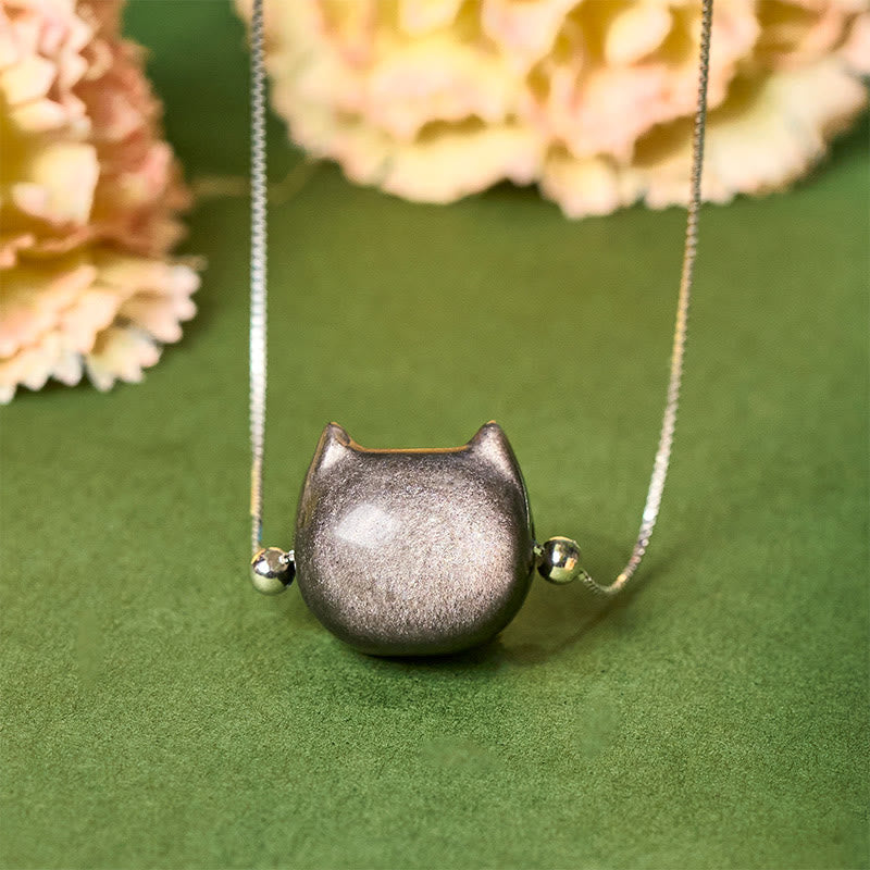Buddha Stones 925スターリングシルバー ナチュラルシルバー シーンオブシディアン ゴールドシーンオブシディアン キャットネックレス - シルバーシーンオブシディアン - image 0