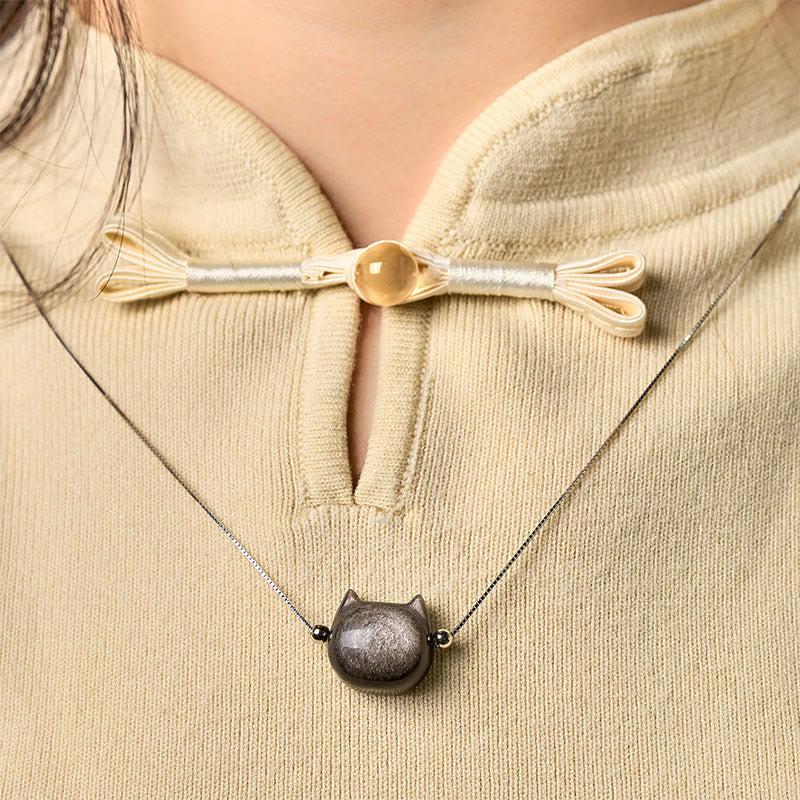 Buddha Stones 925スターリングシルバー ナチュラルシルバー シーンオブシディアン ゴールドシーンオブシディアン キャットネックレス - image 1