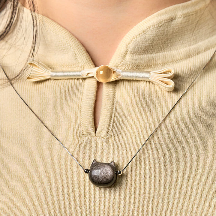 Buddha Stones 925スターリングシルバー ナチュラルシルバー シーンオブシディアン ゴールドシーンオブシディアン キャットネックレス - image 1