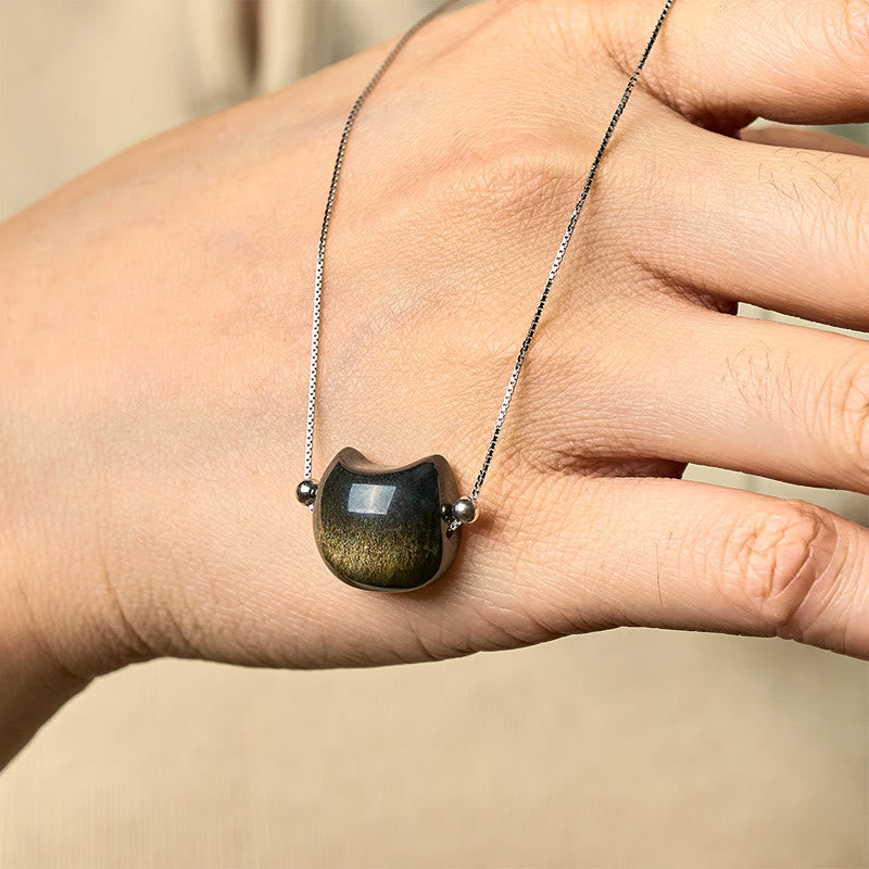 Buddha Stones 925スターリングシルバー ナチュラルシルバー シーンオブシディアン ゴールドシーンオブシディアン キャットネックレス - image 6