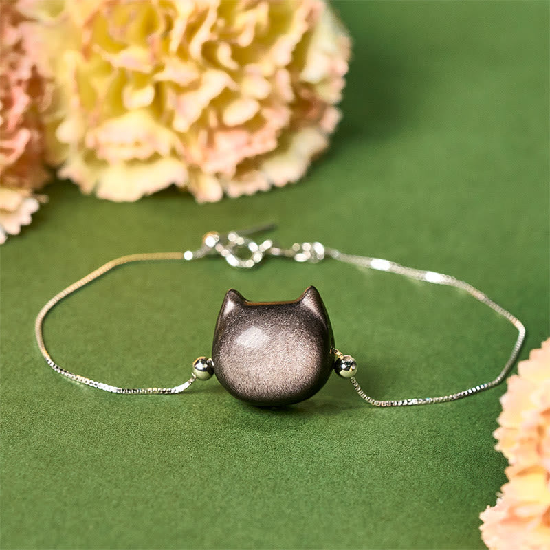 Buddha Stones925 スターリングシルバー シルバーシーンオブシディアン ゴールドシーンオブシディアン 猫の癒しブレスレット - シルバーシーンオブシディアン - 17～22cm - image 0