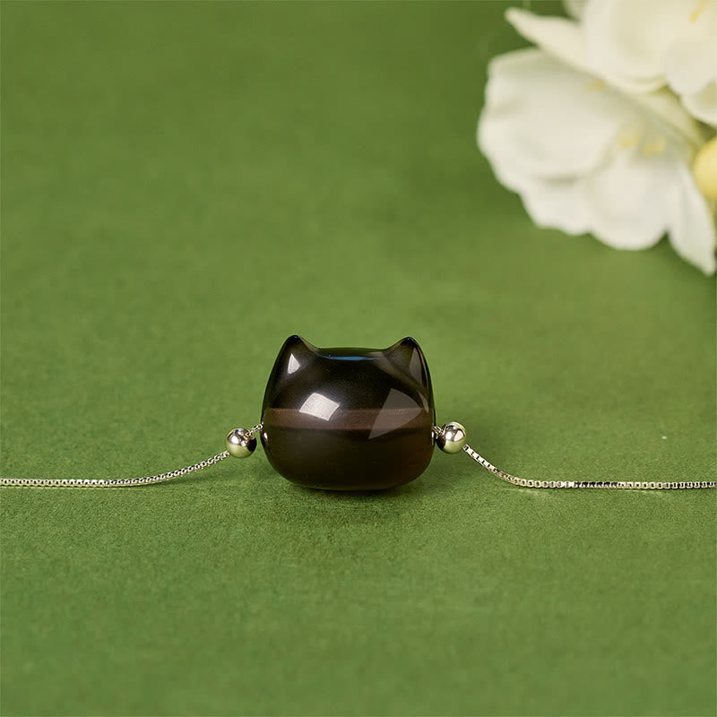 Buddha Stones925スターリングシルバー 猫 天然氷オブシディアン幸運を呼ぶブレスレット - image 1