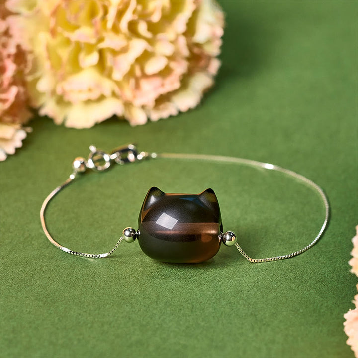 Buddha Stones925スターリングシルバー 猫 天然氷オブシディアン幸運を呼ぶブレスレット - 18～22cm - image 0