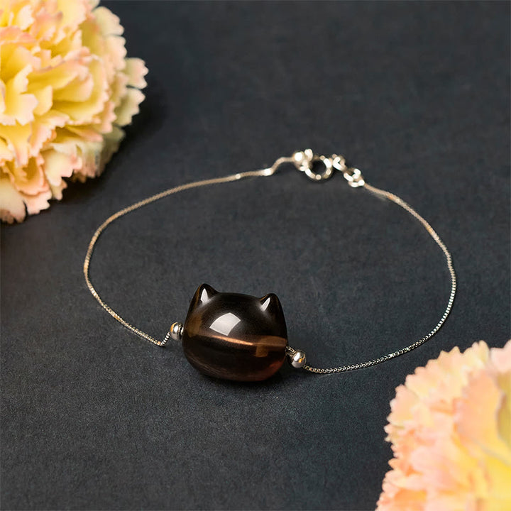 Buddha Stones925スターリングシルバー 猫 天然氷オブシディアン幸運を呼ぶブレスレット - image 2
