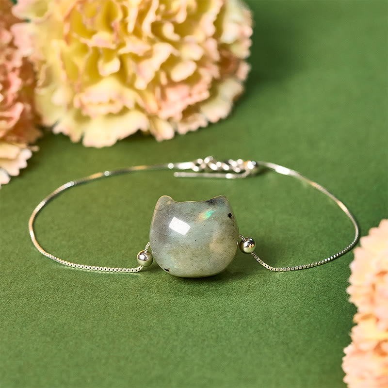 Buddha Stones 925スターリングシルバー 顔のない猫の頭 天然ラブラドライト ヒーリングブレスレット - 18～22cm - image 0