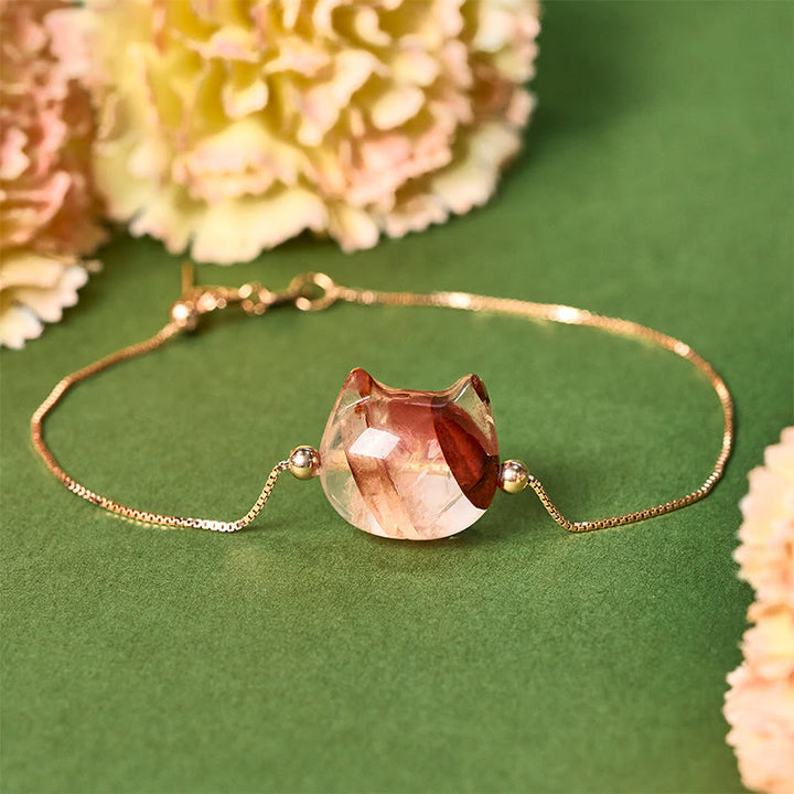 Buddha Stones 925スターリングシルバー 顔なし猫の頭 天然レッドフラワークォーツ パッションブレスレット - 18～22cm - image 0