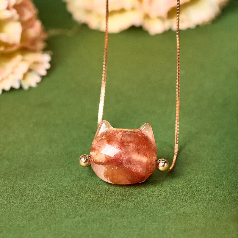 Buddha Stones 925スターリングシルバー キャットヘッド 天然レッドフラワークォーツ 守護ネックレスペンダント - インクルージョンクォーツ - image 0