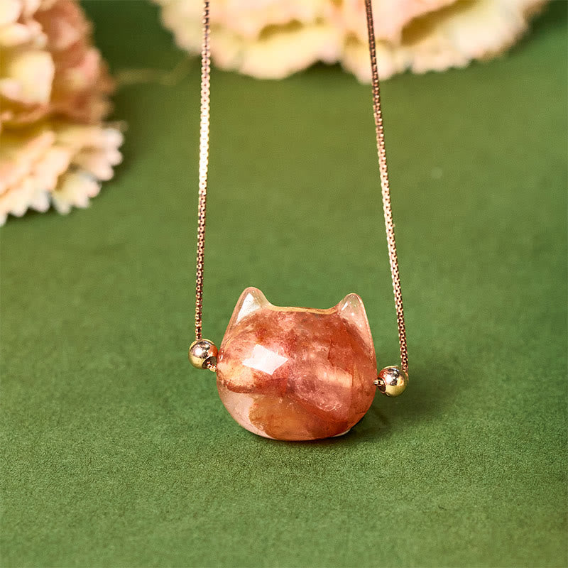Buddha Stones 925スターリングシルバー キャットヘッド 天然レッドフラワークォーツ 守護ネックレスペンダント - image 1