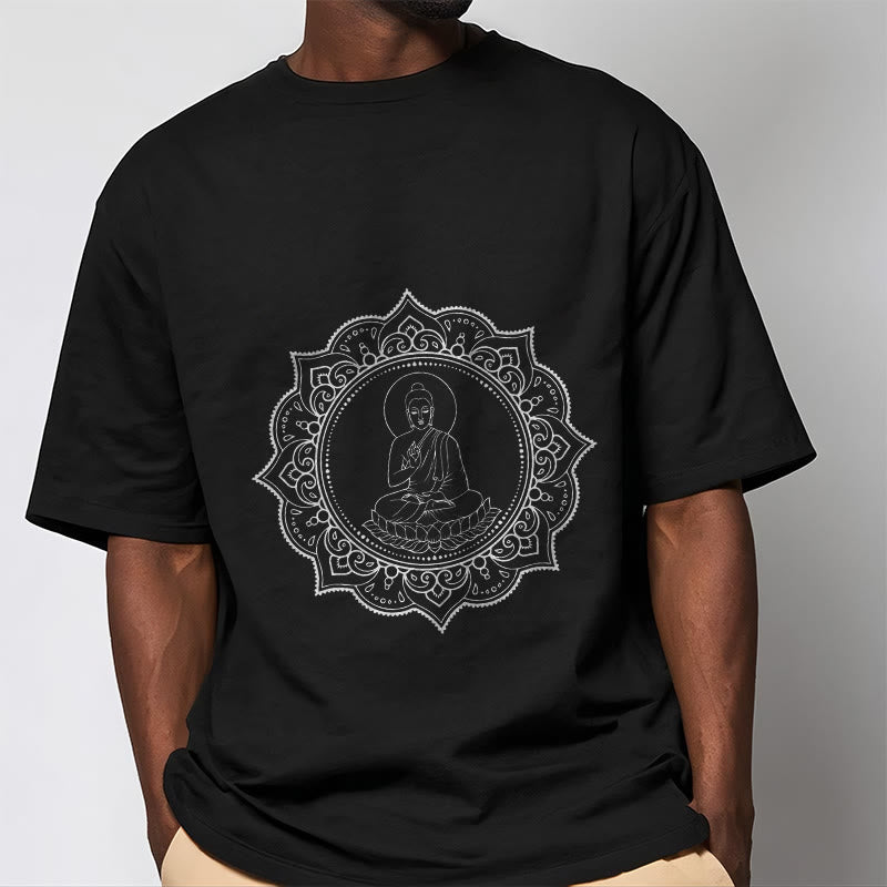 Buddha Stones、蓮華座で瞑想する仏陀の模様のTシャツ - image 5