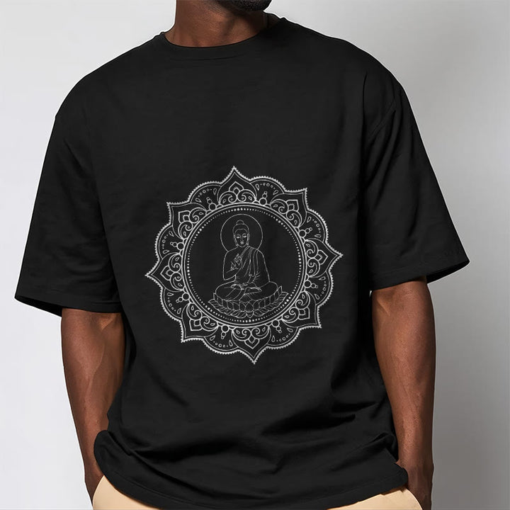 Buddha Stones、蓮華座で瞑想する仏陀の模様のTシャツ - image 5