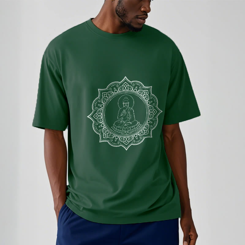 Buddha Stones、蓮華座で瞑想する仏陀の模様のTシャツ - image 2