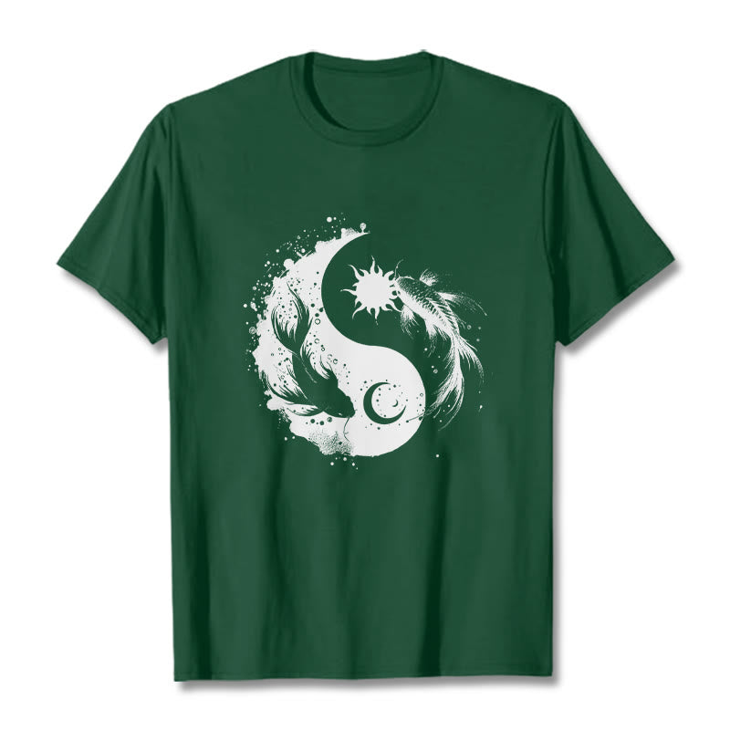 仏陀の石、太陽と月、陰陽鯉柄Tシャツ - フォレストグリーン - 2XL - image 11
