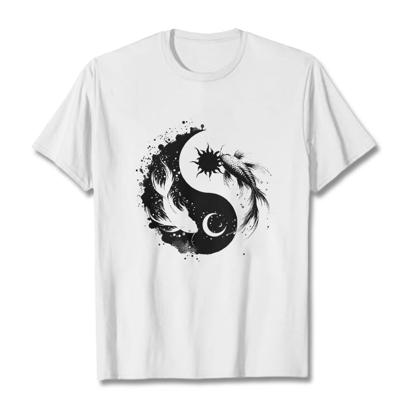 仏陀の石、太陽と月、陰陽鯉柄Tシャツ - 白 - 2XL - image 0