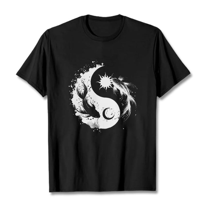 仏陀の石、太陽と月、陰陽鯉柄Tシャツ - 黒 - 2XL - image 5
