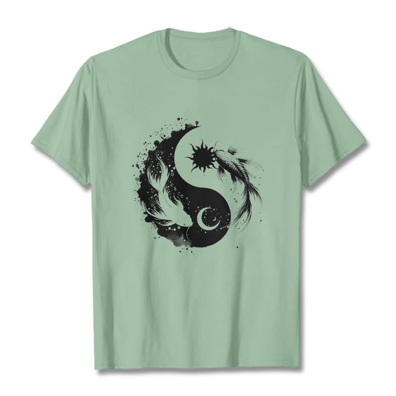 仏陀の石、太陽と月、陰陽鯉柄Tシャツ - ペールグリーン - 2XL - image 15