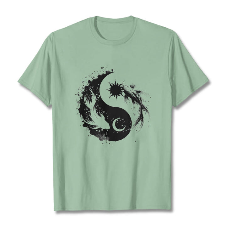 仏陀の石、太陽と月、陰陽鯉柄Tシャツ - ペールグリーン - 2XL - image 15