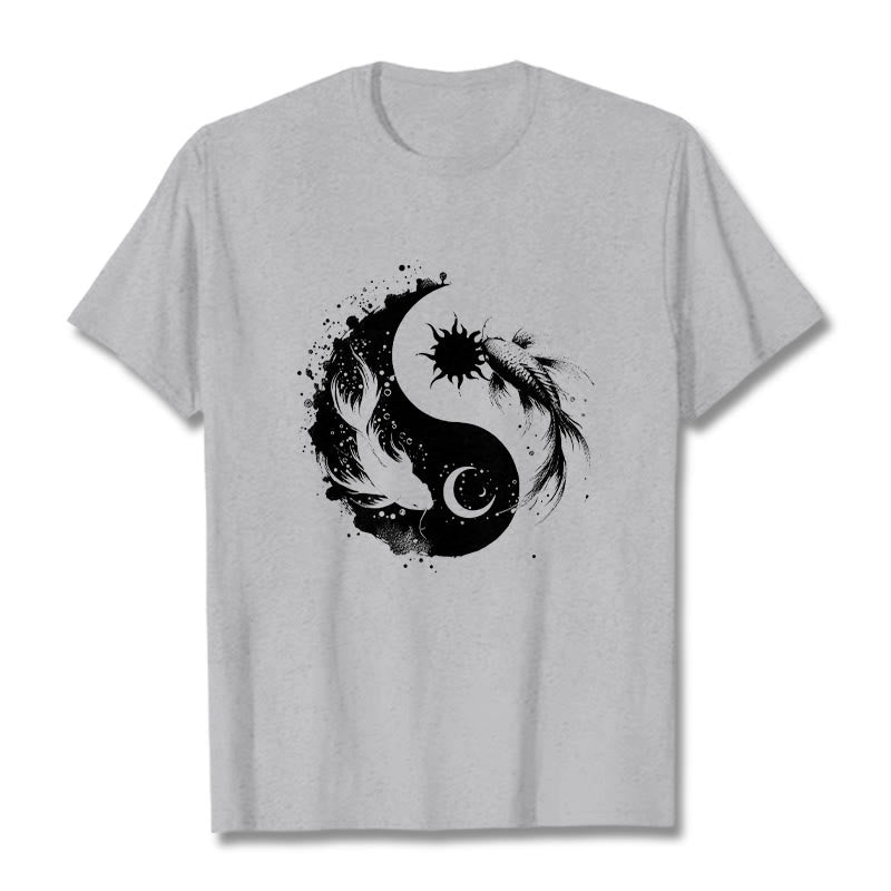 仏陀の石、太陽と月、陰陽鯉柄Tシャツ - ライトグレー - 2XL - image 20