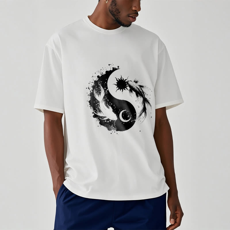 仏陀の石、太陽と月、陰陽鯉柄Tシャツ - image 1
