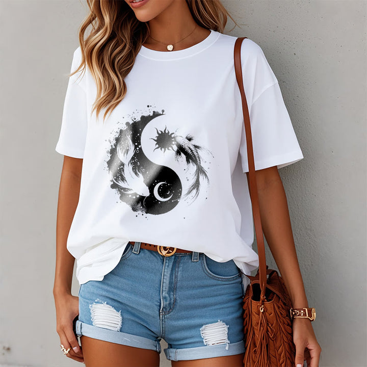 仏陀の石、太陽と月、陰陽鯉柄Tシャツ - image 3