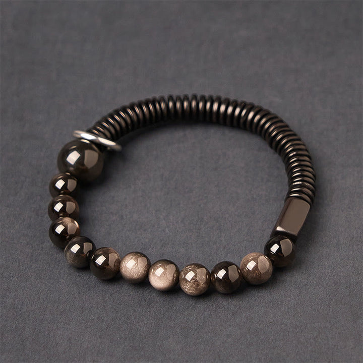 Buddha Stonesシルバーシーンオブシディアンココナッツシェル守護ブレスレット - シルバーシーンオブシディアン＆ココナッツシェル（手首周り：18～20cm） - image 1