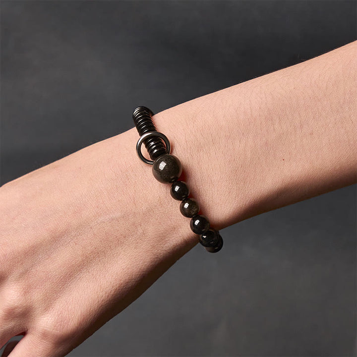 Buddha Stonesシルバーシーンオブシディアンココナッツシェル守護ブレスレット - image 5