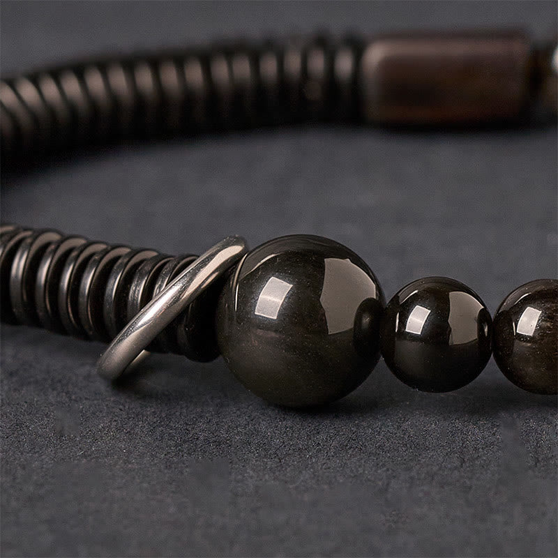 Buddha Stonesシルバーシーンオブシディアンココナッツシェル守護ブレスレット - image 3
