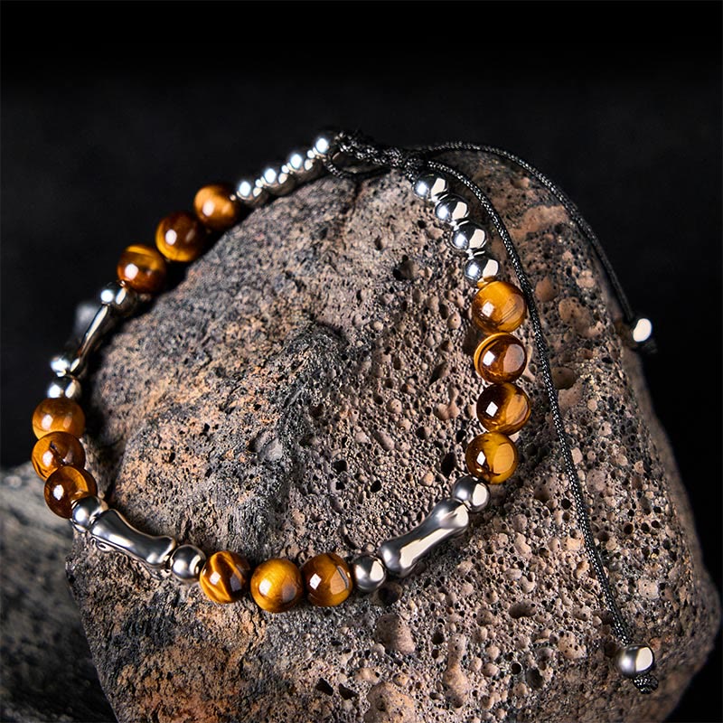 Buddha Stonesかわいい骨模様 タイガーアイ 勇気ビーズブレスレット - タイガーアイ＆チタンスチール（手首周り：15～21cm） - image 1