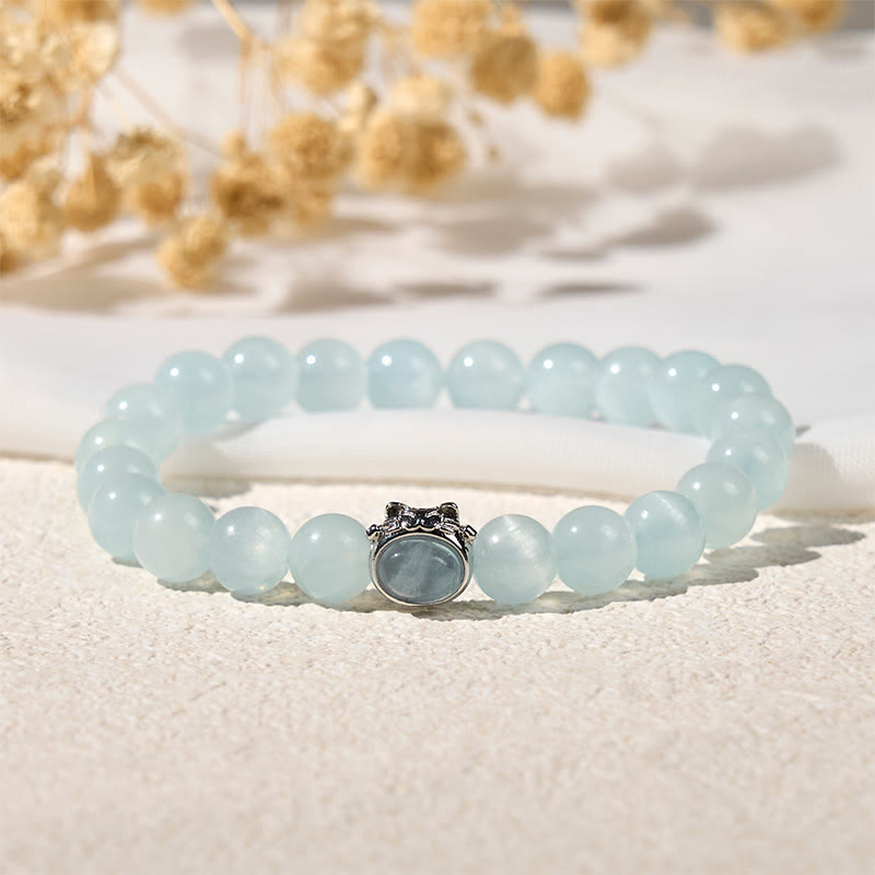 Buddha Stones天然アクアマリン招き猫キャットピースブレスレット - image 2