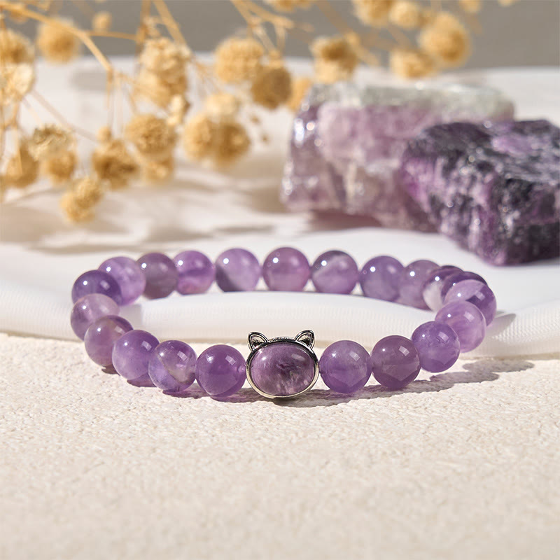 Buddha Stonesかわいい猫顔アメジスト ストレス解消ブレスレット - image 1