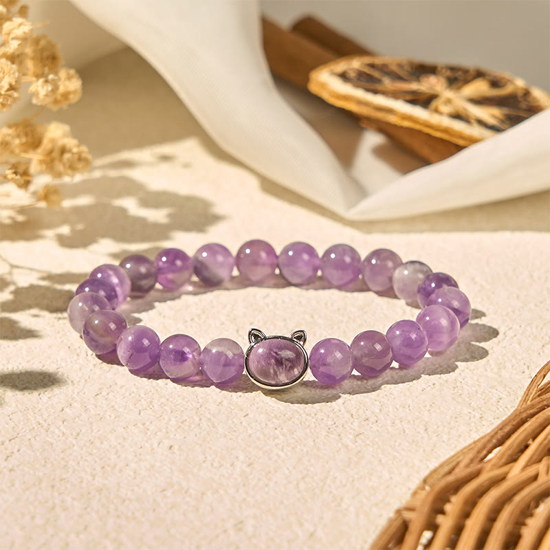 Buddha Stonesかわいい猫顔アメジスト ストレス解消ブレスレット - アメジスト（手首周り：14～16cm） - image 0