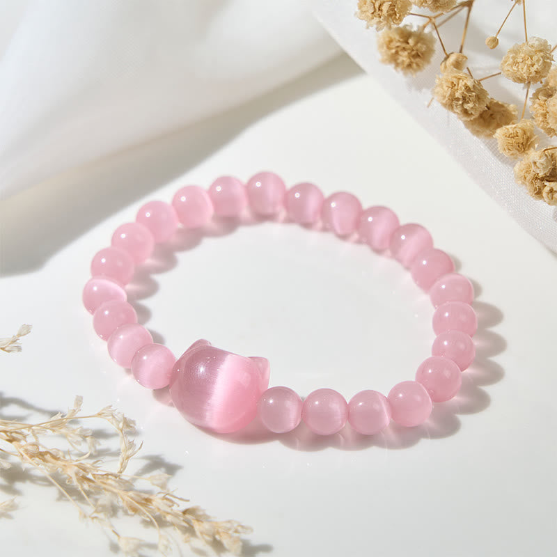 Buddha Stones愛らしい猫の頭 ピンクキャッツアイ ホワイトキャッツアイ スピリチュアルビーズブレスレット - image 1