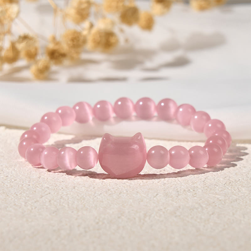 Buddha Stones愛らしい猫の頭 ピンクキャッツアイ ホワイトキャッツアイ スピリチュアルビーズブレスレット - image 2