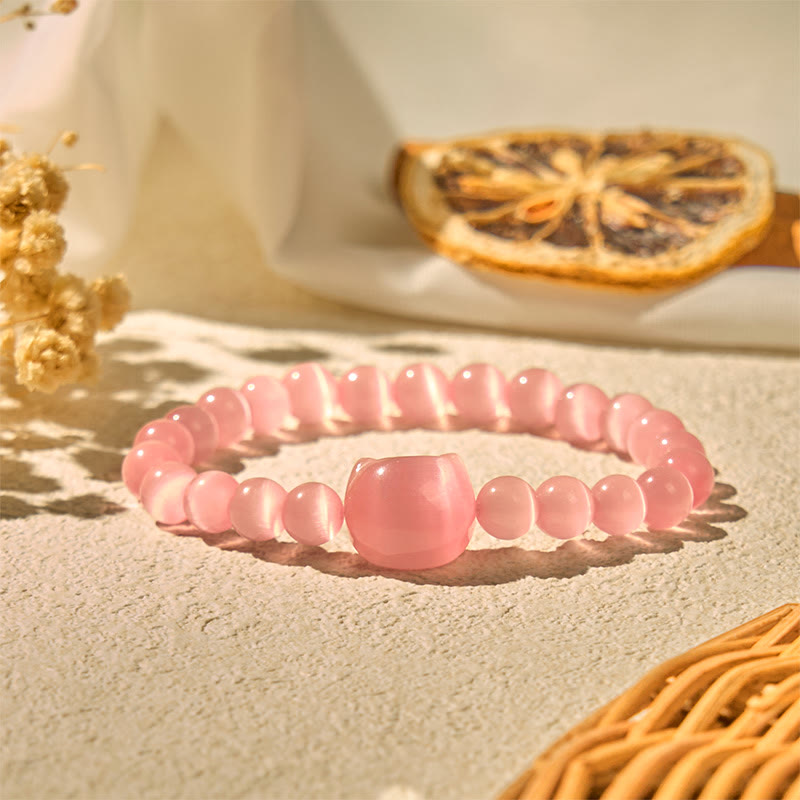 Buddha Stones愛らしい猫の頭 ピンクキャッツアイ ホワイトキャッツアイ スピリチュアルビーズブレスレット - image 3
