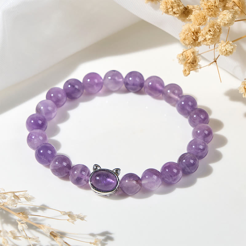 Buddha Stones天然アメジストビーズかわいい猫のヒーリングブレスレット - image 1