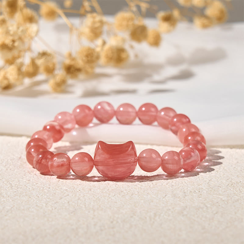 Buddha Stones愛らしい猫の頭 赤瑪瑙 スピリチュアルビーズブレスレット - image 1