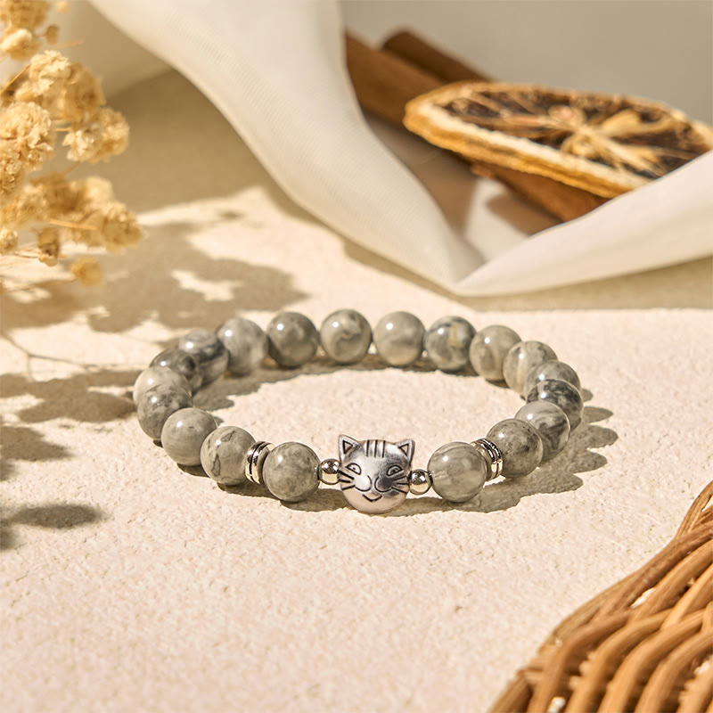 Buddha Stonesかわいい猫 天然グレージャスパービーズ ヒーリングブレスレット - グレージャスパー（手首周り：16～19cm） - image 1