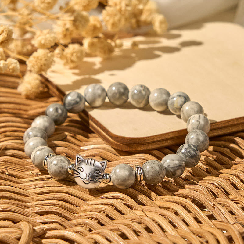 Buddha Stonesかわいい猫 天然グレージャスパービーズ ヒーリングブレスレット - image 3