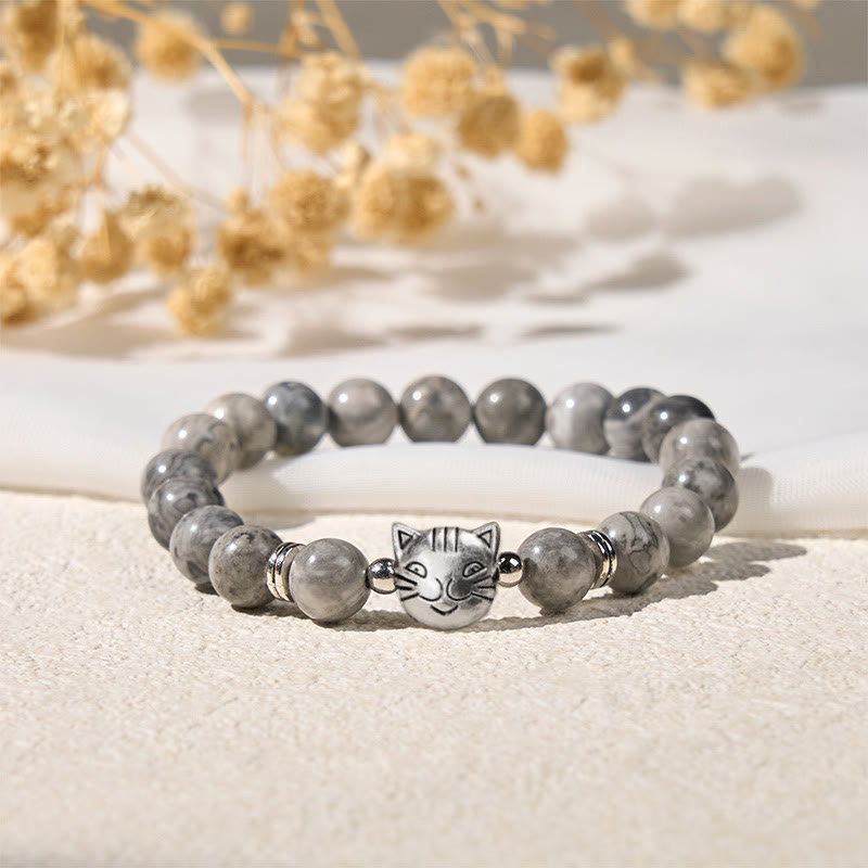 Buddha Stonesかわいい猫 天然グレージャスパービーズ ヒーリングブレスレット - image 1
