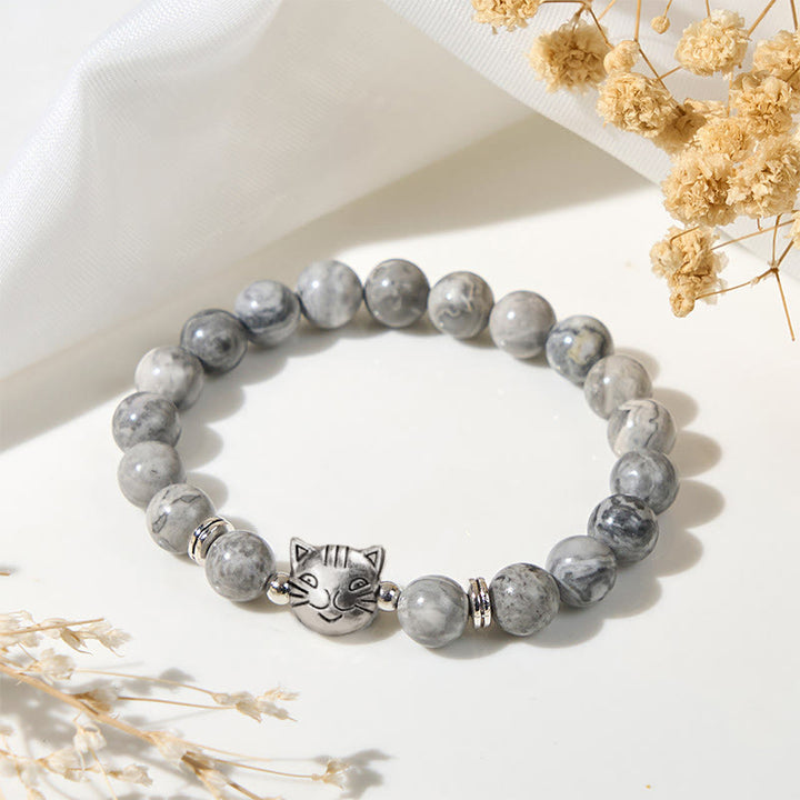 Buddha Stonesかわいい猫 天然グレージャスパービーズ ヒーリングブレスレット - グレージャスパー（手首周り：16～19cm） - image 0