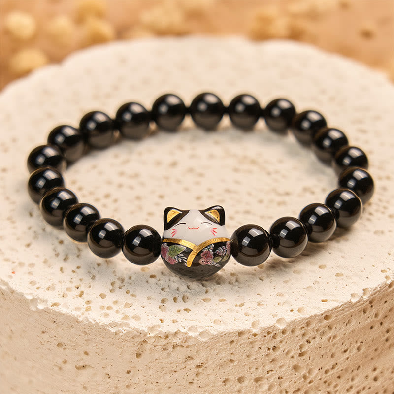 Buddha Stones黒猫 天然ブラックオニキス セラミック 子猫幸運繁栄ブレスレット - image 3