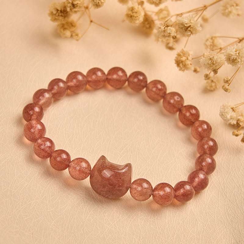 Buddha Stones天然ストロベリークォーツ 猫の癒し幸運を呼ぶブレスレット - image 2