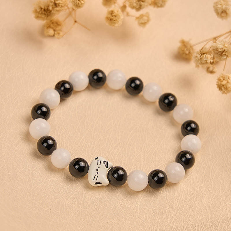Buddha Stonesバイカラーキャット ブラックオニキス ホワイトカルセドニー幸運繁栄ブレスレット - image 2