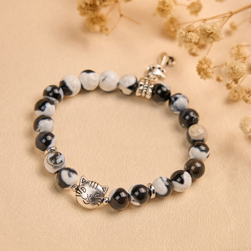 Buddha Stonesの黒と白の猫のファイヤーアゲートビーズラブブレスレット - image 3