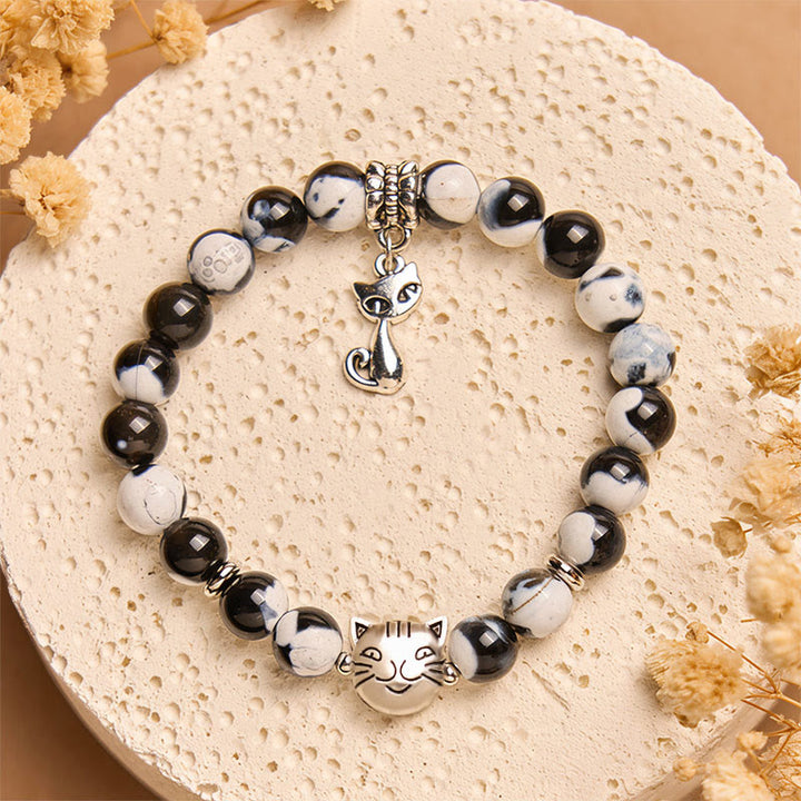 Buddha Stonesの黒と白の猫のファイヤーアゲートビーズラブブレスレット - image 1