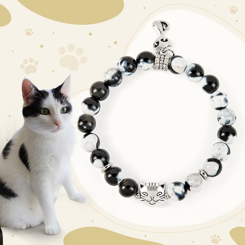 Buddha Stonesの黒と白の猫のファイヤーアゲートビーズラブブレスレット - 白黒猫（手首周り15～16cm） - image 0