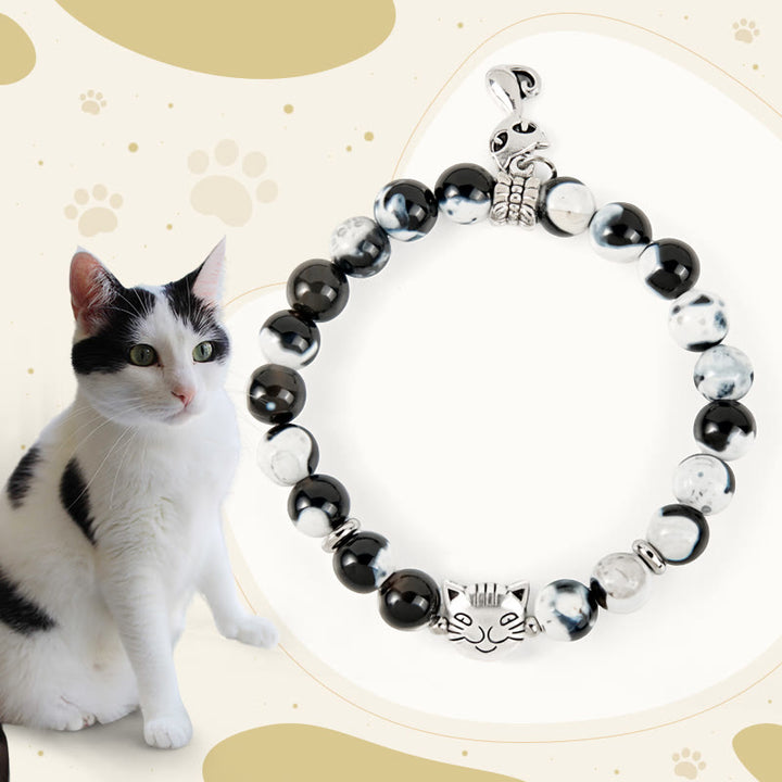 Buddha Stonesの黒と白の猫のファイヤーアゲートビーズラブブレスレット - 白黒猫（手首周り15～16cm） - image 0