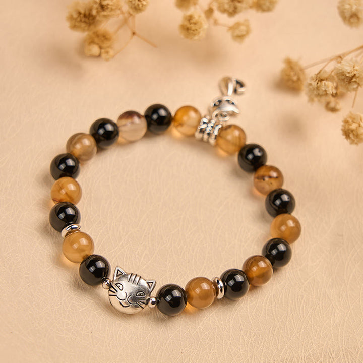 Buddha Stonesべっ甲猫 ライトブラウン ストライプアゲート ブラックオニキス守護ブレスレット - image 3