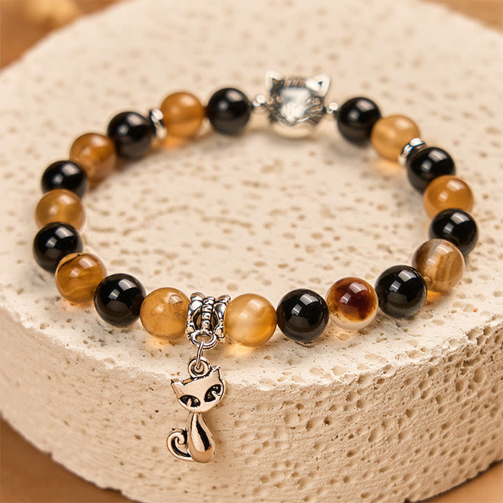 Buddha Stonesべっ甲猫 ライトブラウン ストライプアゲート ブラックオニキス守護ブレスレット - image 2