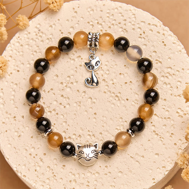 Buddha Stonesべっ甲猫 ライトブラウン ストライプアゲート ブラックオニキス守護ブレスレット - image 1