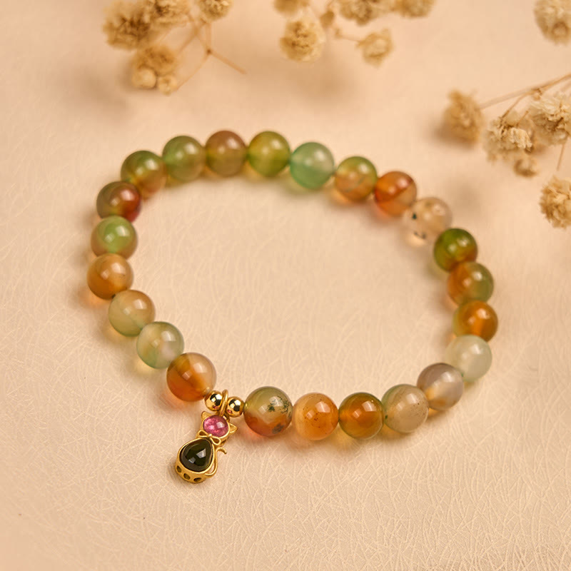 Buddha Stones 925スターリングシルバー トルマリンキャット 天然孔雀瑪瑙 勇気ブレスレット - image 2